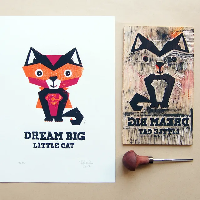 slanted-dream-big-cat-a4-holzschnitt-kunstdruck image 1