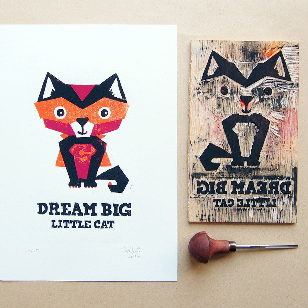 slanted-dream-big-cat-a4-holzschnitt-kunstdruck image 1