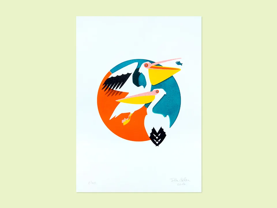 slanted-pelikane-kunstdruck-riso-linol-poster image 1