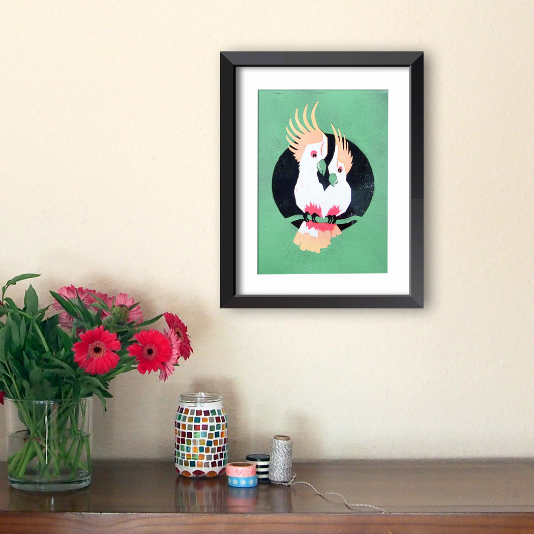 slanted-cockatoos-green-a4-kunstdruck-holzschnitt image 3